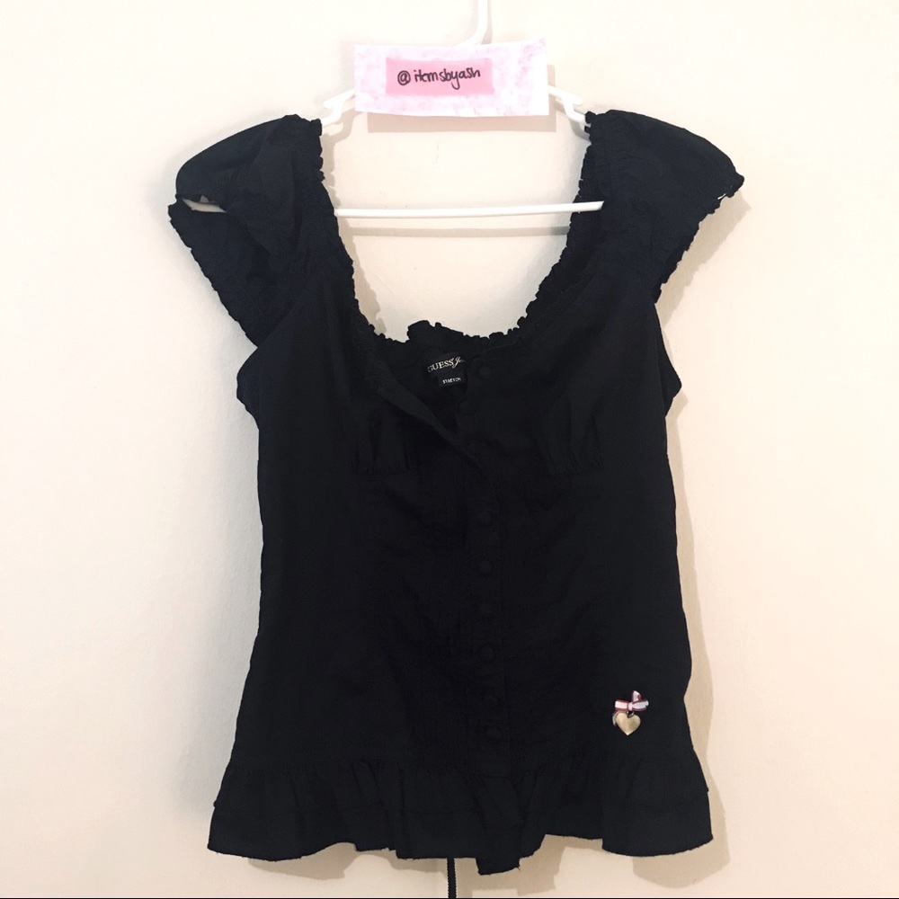 GUESS Black Cuff Sleeve Lace Back Top